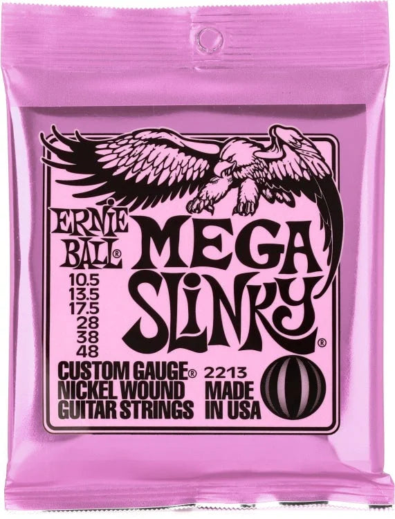 Bag of Ernie Ball Mega Slinky nickel wound guitar strings in pink packaging