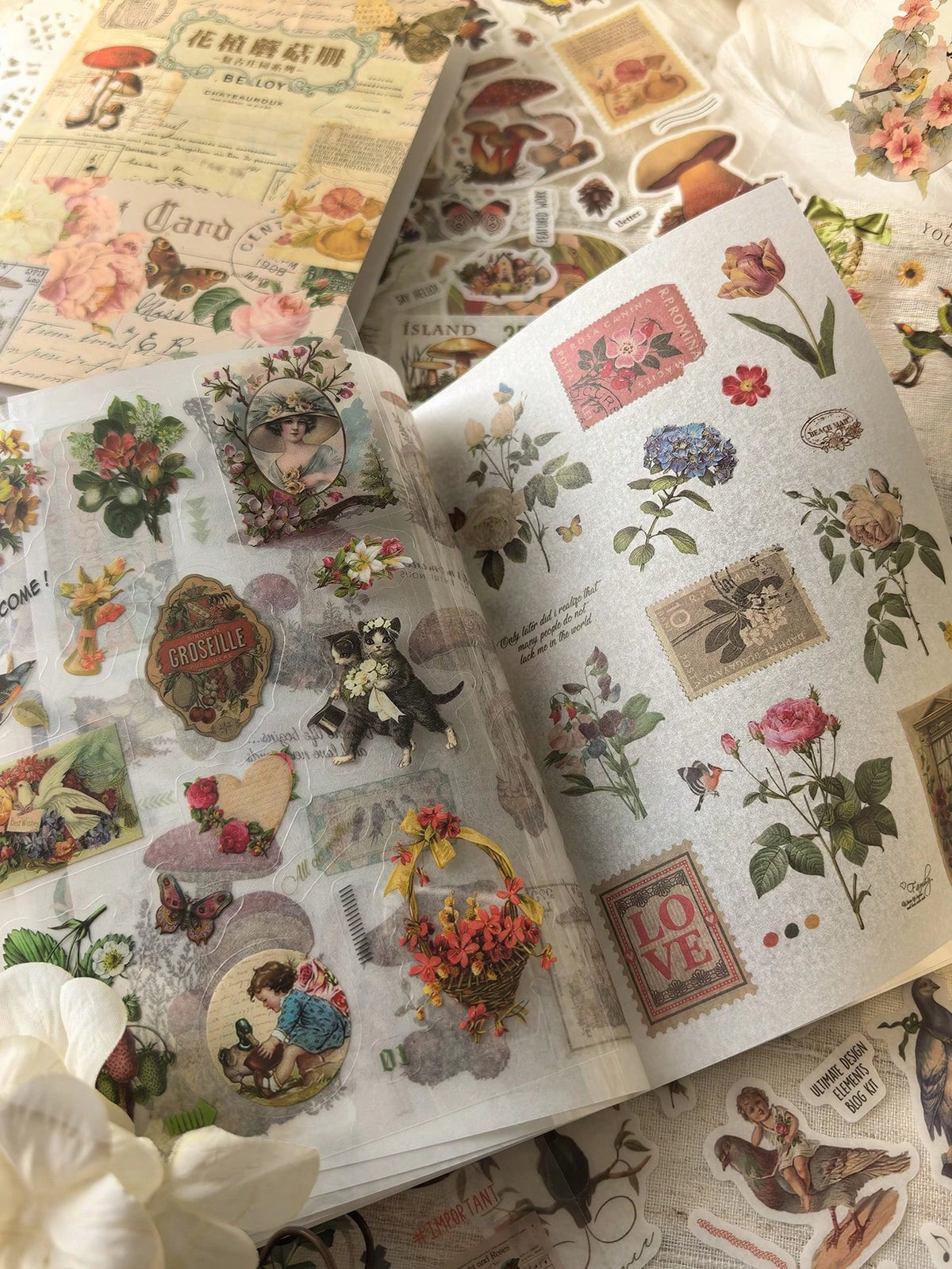 A close-up of a retro botanical sticker book featuring floral illustrations and vintage designs.
