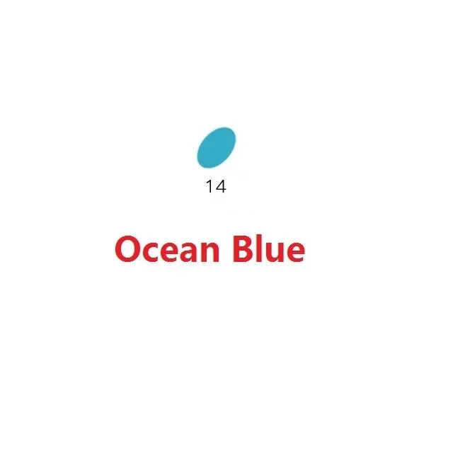 A small, light blue oval shape next to the number 14 and the text Ocean Blue.