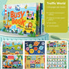 A colorful busy book for toddlers featuring vehicle pairing and logic puzzles.
