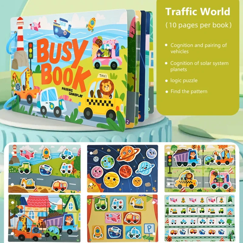 A colorful busy book for toddlers featuring vehicle pairing and logic puzzles.