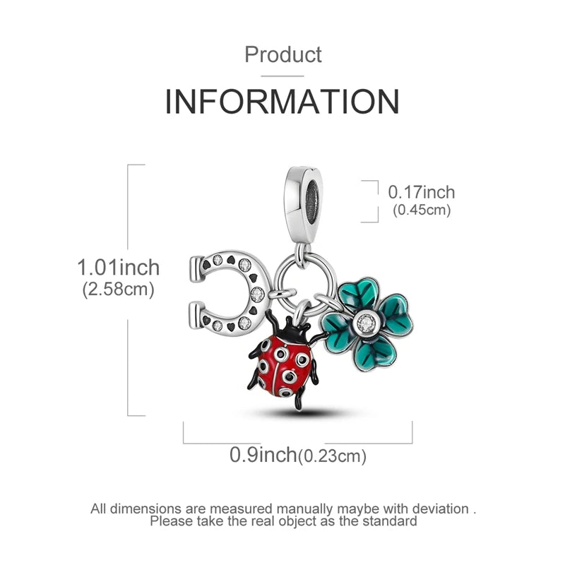 A silver heart charm featuring a red and black ladybug design for bracelets and necklaces.