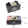 A black automatic card shuffler device with a clear plastic card shuffling area and various dimensions shown.