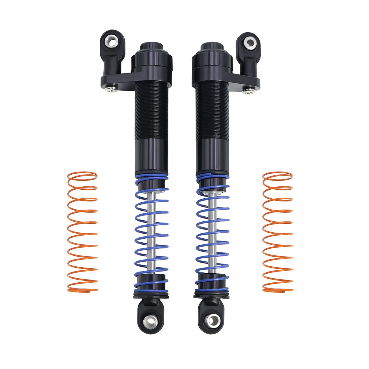 Two adjustable aluminum shock absorbers with black bodies and blue and orange coil springs