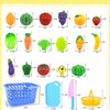 A set of pretend play cutting food toys including various fruits and vegetables and a blue shopping basket