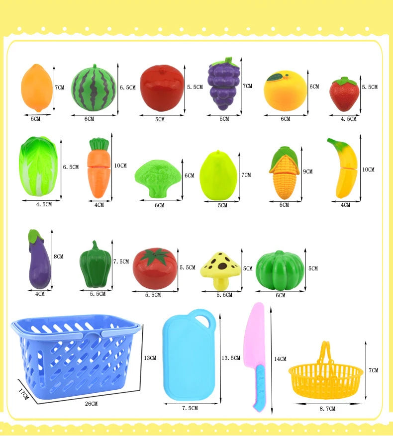 A set of pretend play cutting food toys including various fruits and vegetables and a blue shopping basket