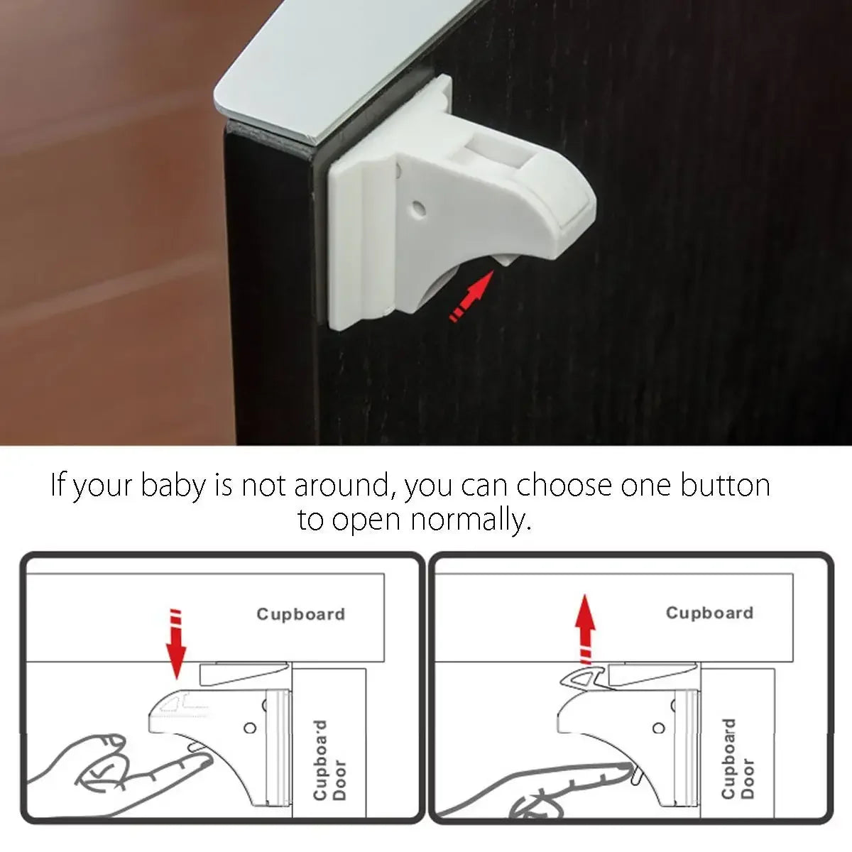 Diagram showing how to open a cupboard door using a button when the baby is not around.