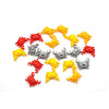 A collection of eight plastic marine creature building blocks in red, yellow, and silver colors.