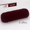 A skein of dark burgundy yarn labeled Win Red, shown rolled up for knitting or crochet projects.