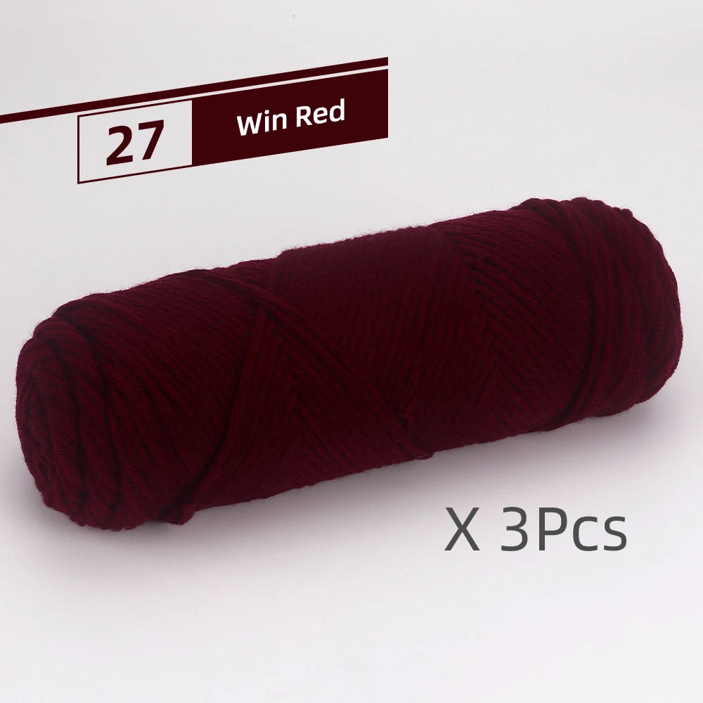 A skein of dark burgundy yarn labeled Win Red, shown rolled up for knitting or crochet projects.