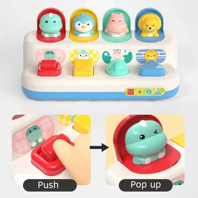 A set of colorful Montessori pop-up animal toys for toddlers, showing various animals in different colors and textures.