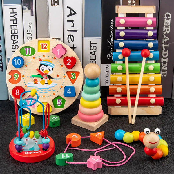 Un ensemble de puzzles et jouets de construction en bois, incluant une roue numérique, des blocs colorés et une figurine d'él