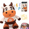 A plush toy of a cow with musical notes and lights, shown in various forms.