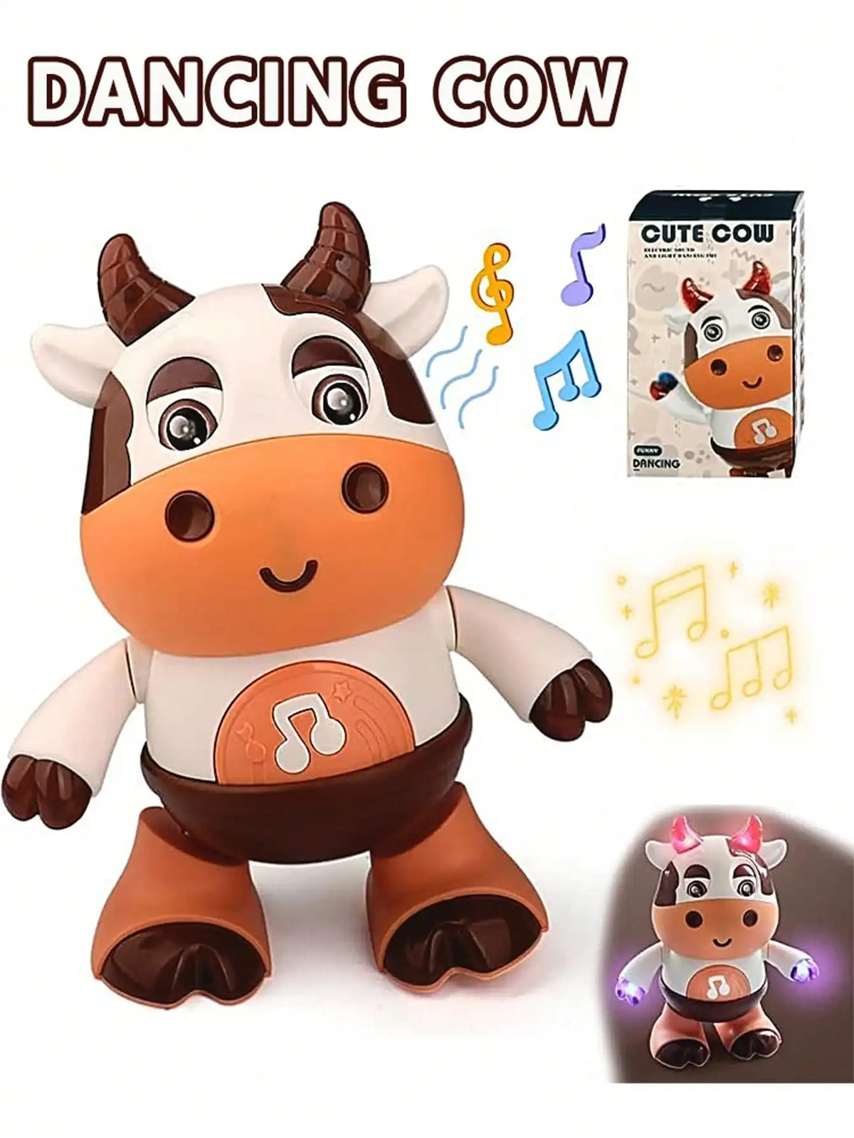A plush toy of a cow with musical notes and lights, shown in various forms.