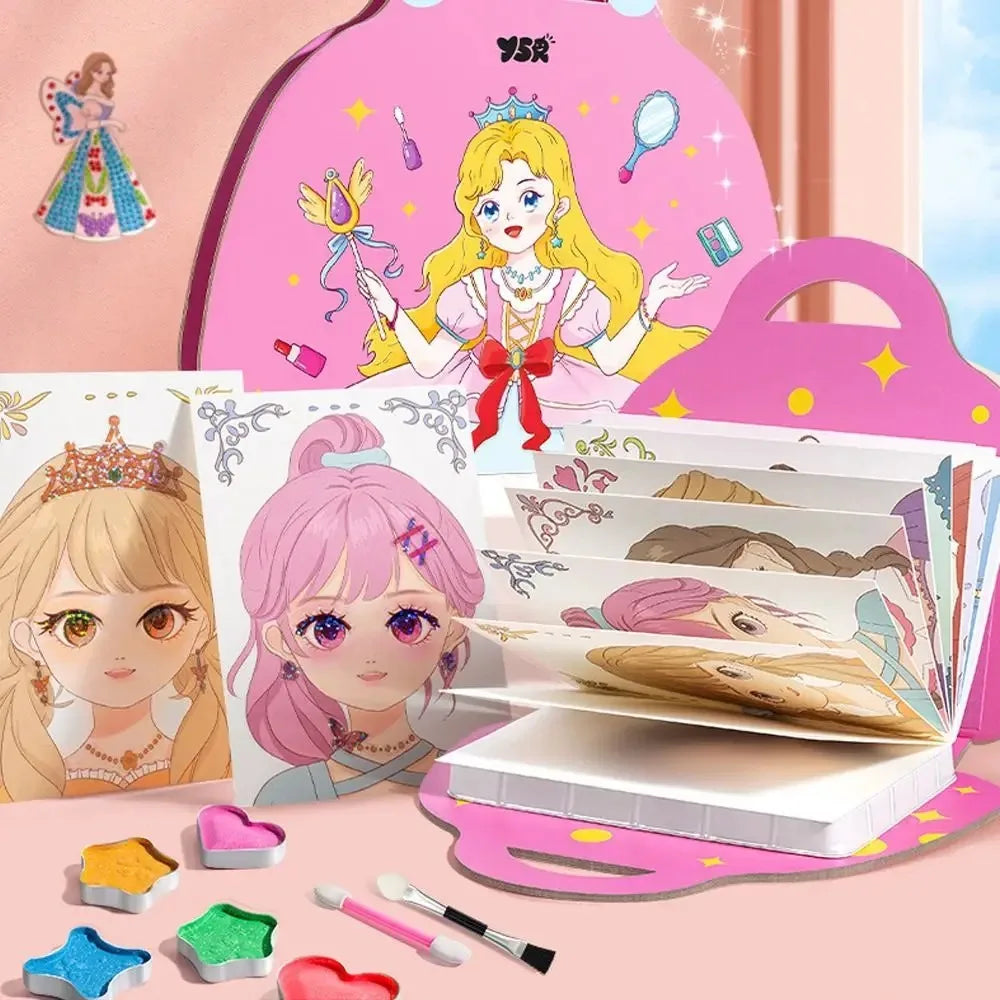 A pink and purple DIY princess makeup dress-up playset featuring a doll, makeup brushes, and cosmetic items.