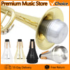 A gold-colored trumpet practice mute is shown with various sizes and a silver-colored mute, along with delivery information.
