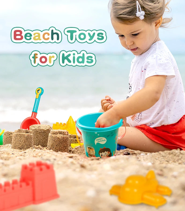 A young girl plays with a beach toy set including a bucket and shovel in sand on the beach.