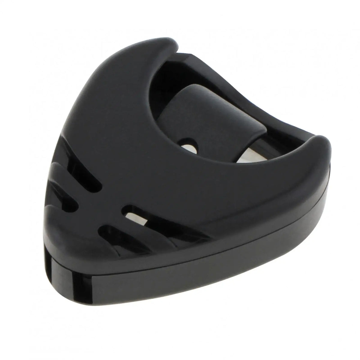 Black adhesive guitar pick holder designed to secure and store six guitar picks.