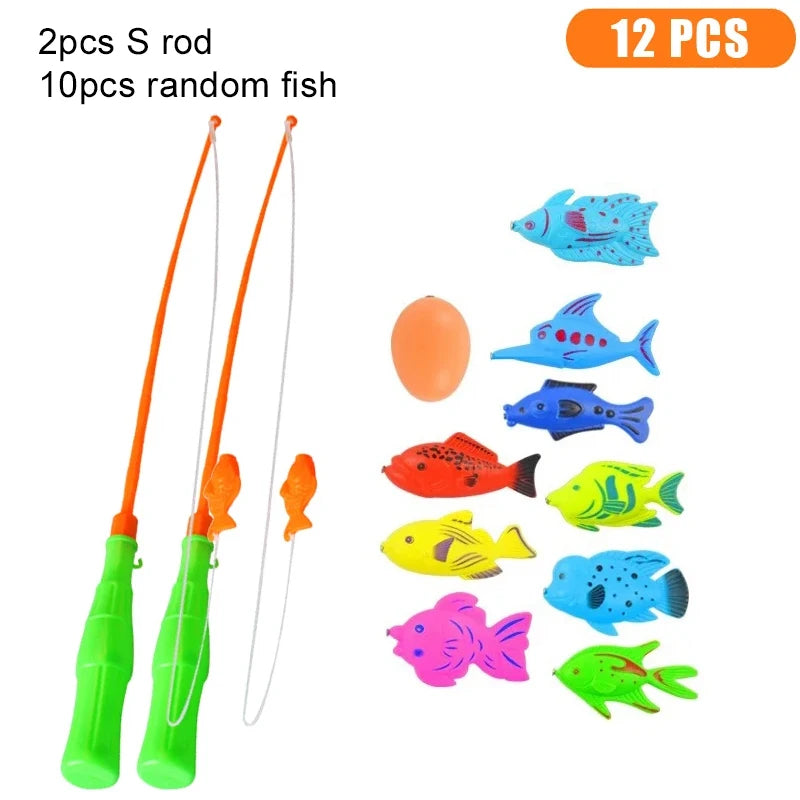A set of 12 plastic fishing lures including a S rod and random fish for a magnetic fishing game.