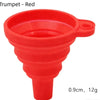Red trumpet shaped silicone funnel with a small handle, measuring 0.9cm and weighing 12g.