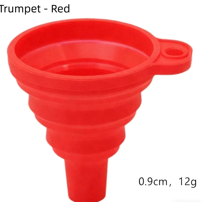 Red trumpet shaped silicone funnel with a small handle, measuring 0.9cm and weighing 12g.