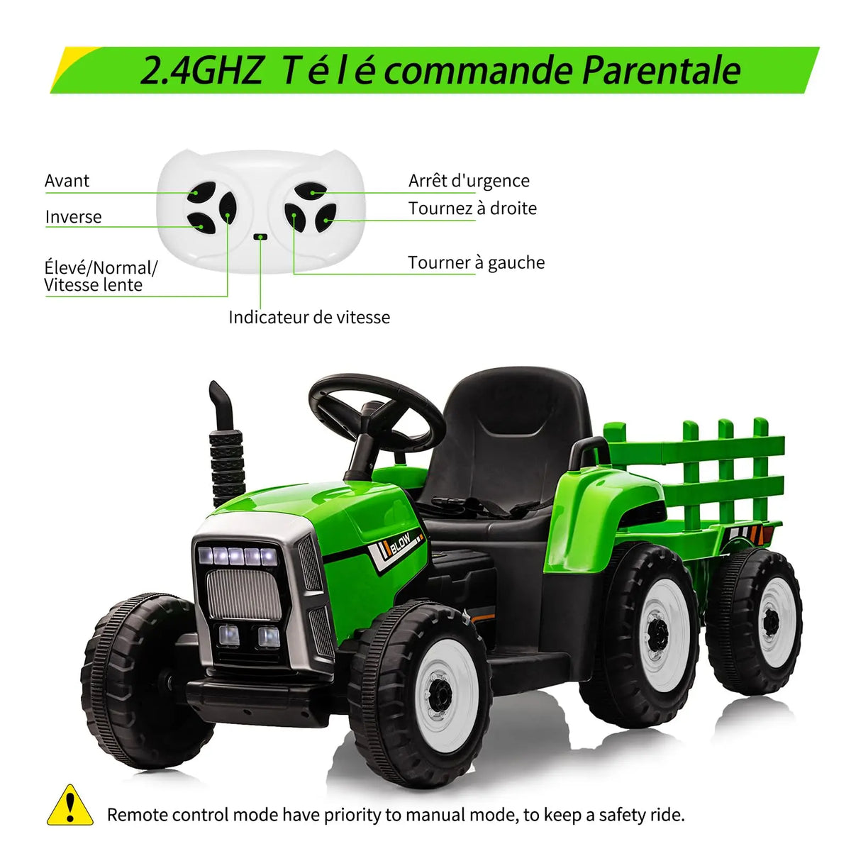12V Ride-On Tractor for Kids with Remote Control & Trailer