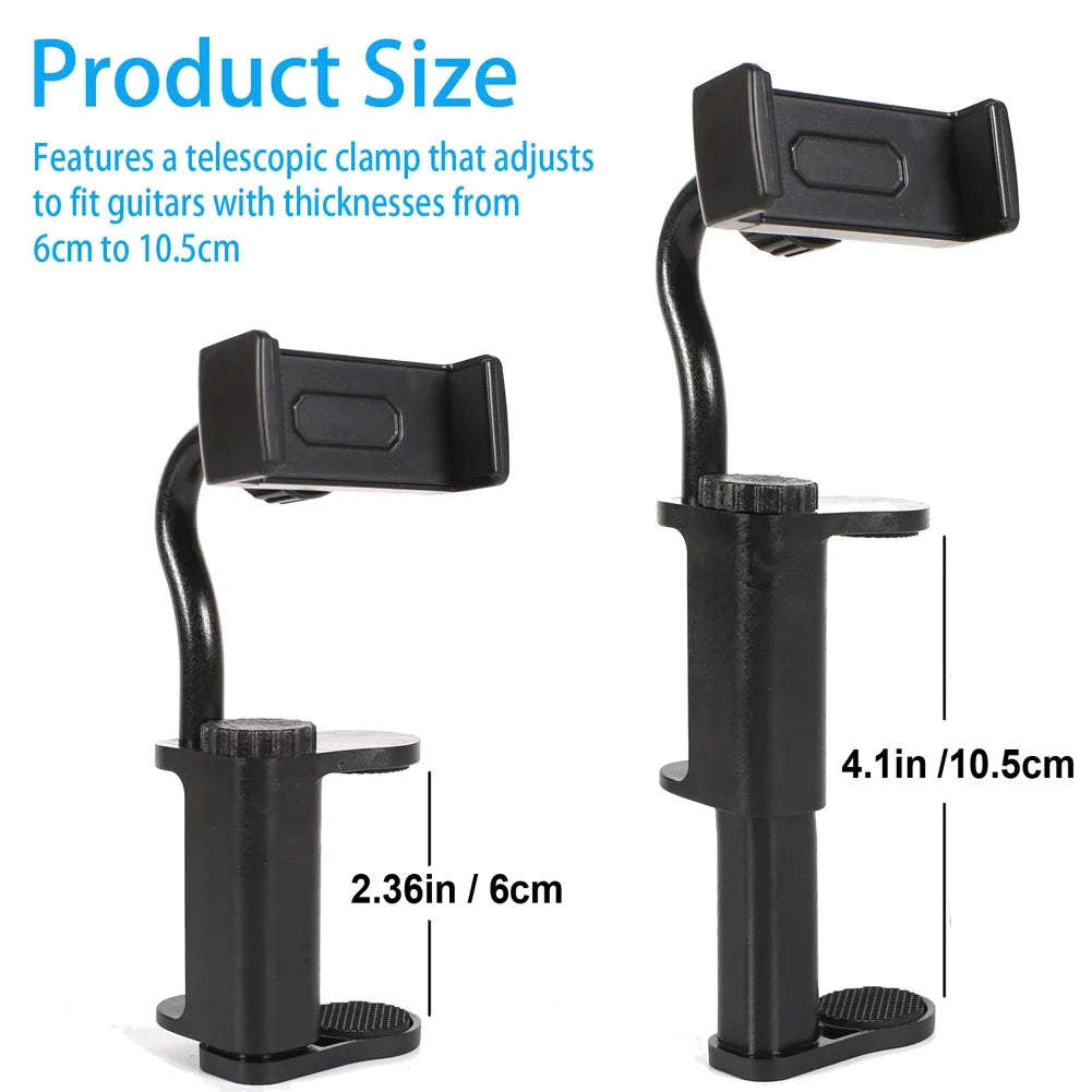 Black hands-free guitar phone holder featuring a telescopic clamp for guitars with thicknesses from 6cm to 10.5cm