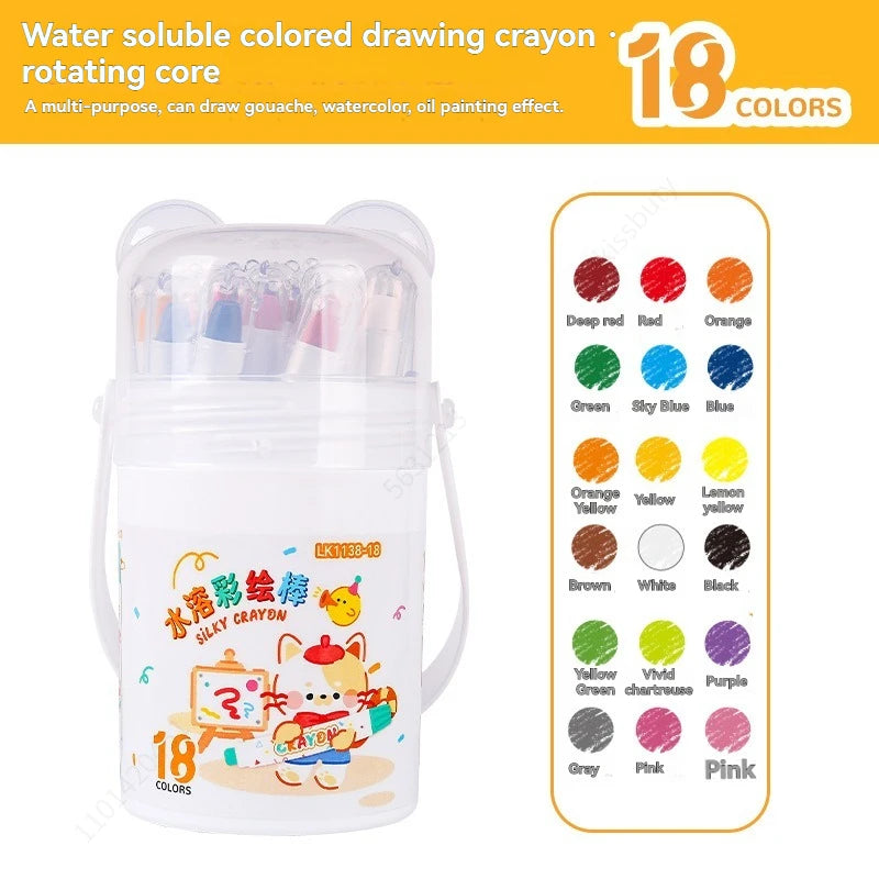A set of 18 water-soluble colored drawing crayons with a rotating core inside a clear container.