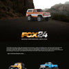 A 1:24 scale Chevrolet K5 Blazer RC crawler is shown on a dark road with rocky terrain in the background.