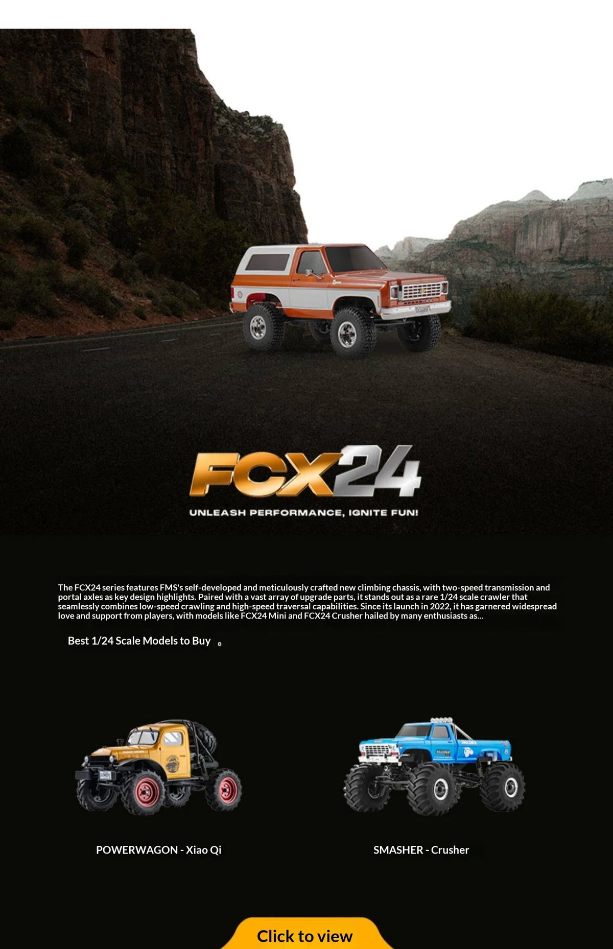 A 1:24 scale Chevrolet K5 Blazer RC crawler is shown on a dark road with rocky terrain in the background.