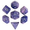 A set of premium glitter resin polyhedral dice including a d12, d20, and d7, displayed against a white background.