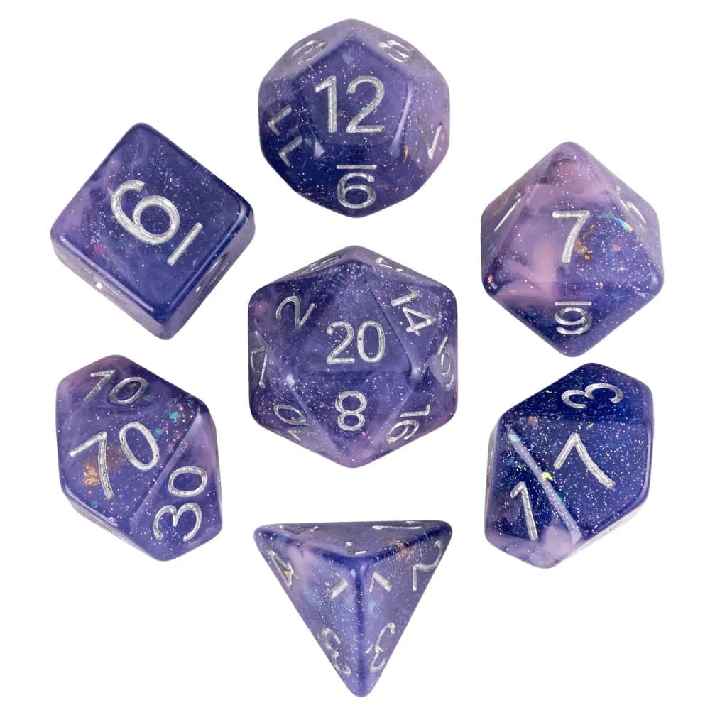 A set of premium glitter resin polyhedral dice including a d12, d20, and d7, displayed against a white background.