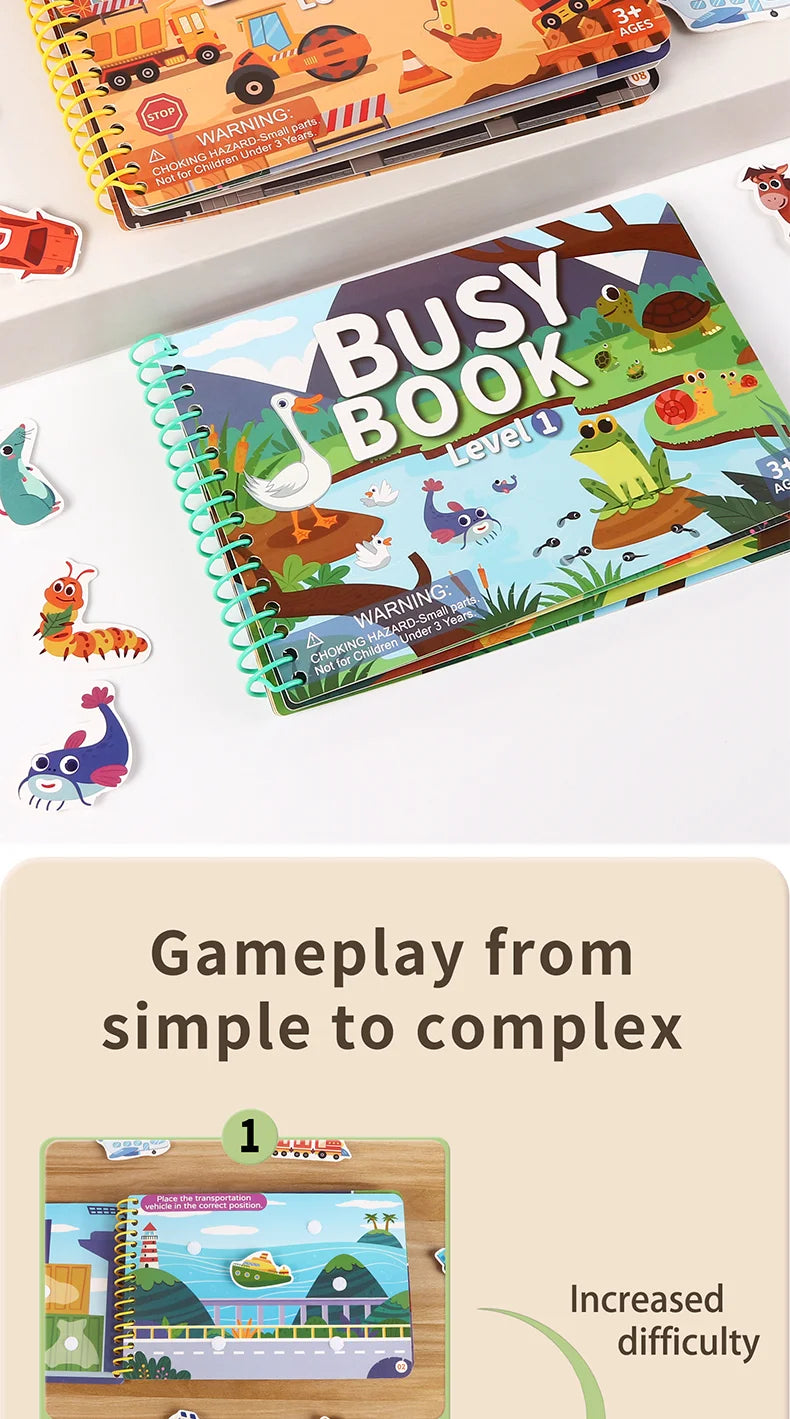 A colorful busy book for toddlers featuring animal stickers and gameplay from simple to complex.