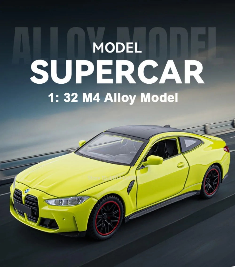 A yellow diecast model of a BMW M4 supercar in motion against a gray background.