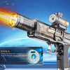 A close-up of a black electric water gun with a bright yellow laser beam and LED light effect firing from the barrel.