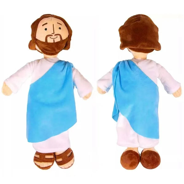 A simulation plush figurine depicting a man with a beard wearing a blue tunic and a blue cloak.
