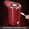 A red electric water dispenser pump with a top-mounted circular component and a Type-C charging port is shown being held by a
