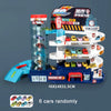 A building and parking lot playset featuring a dinosaur rail car adventure set with 6 randomly placed cars.