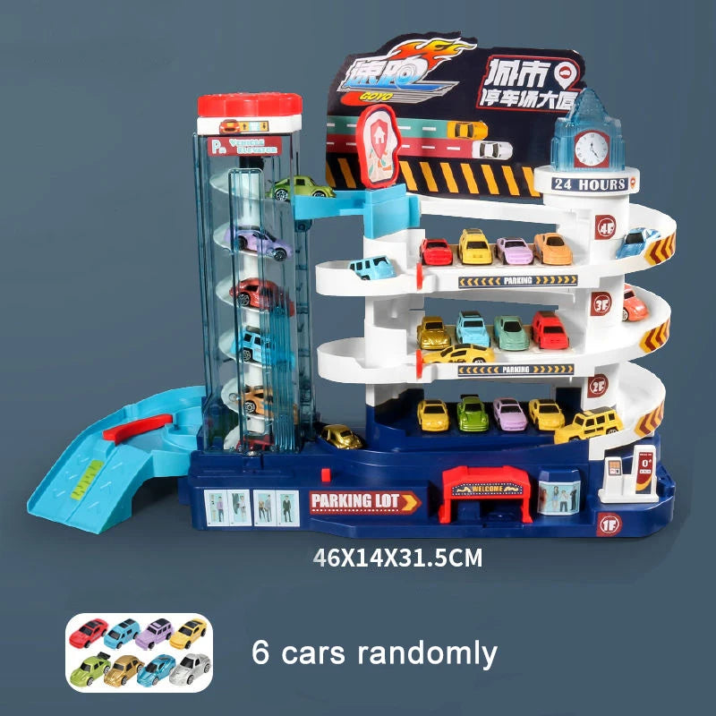 A building and parking lot playset featuring a dinosaur rail car adventure set with 6 randomly placed cars.