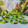 A set of dinosaur climbing cars and tracks displayed in front of a large dinosaur mural.