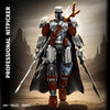 A highly detailed model of a futuristic armored figure, resembling a soldier or mech, standing in a desert landscape.