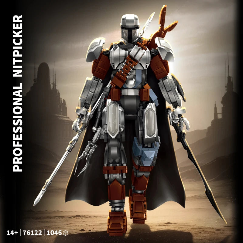 A highly detailed model of a futuristic armored figure, resembling a soldier or mech, standing in a desert landscape.