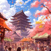 A vibrant painting depicting a traditional Japanese temple and cherry blossom trees under a blue sky.