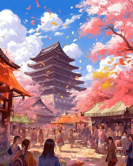 A vibrant painting depicting a traditional Japanese temple and cherry blossom trees under a blue sky.