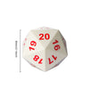 A white D20 polyhedral dice with red numbers 16, 17, 18, 19, 20, and a height measurement of 80mm.