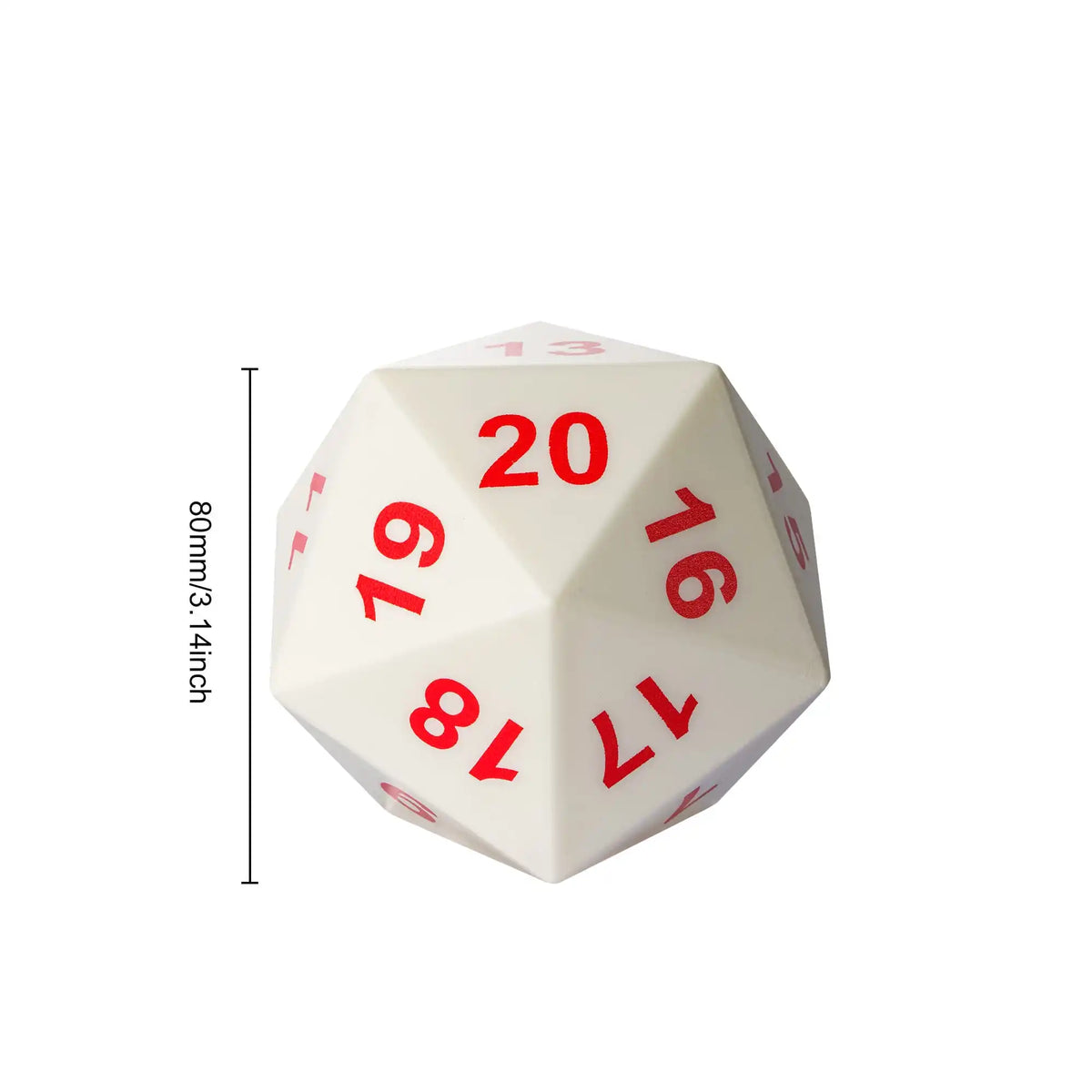 A white D20 polyhedral dice with red numbers 16, 17, 18, 19, 20, and a height measurement of 80mm.