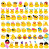A collection of yellow rubber duck accessories including hats, sunglasses, and other items.