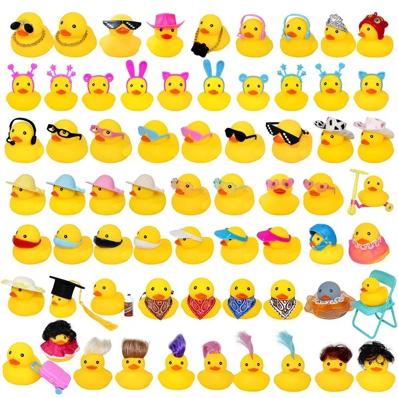 A collection of yellow rubber duck accessories including hats, sunglasses, and other items.