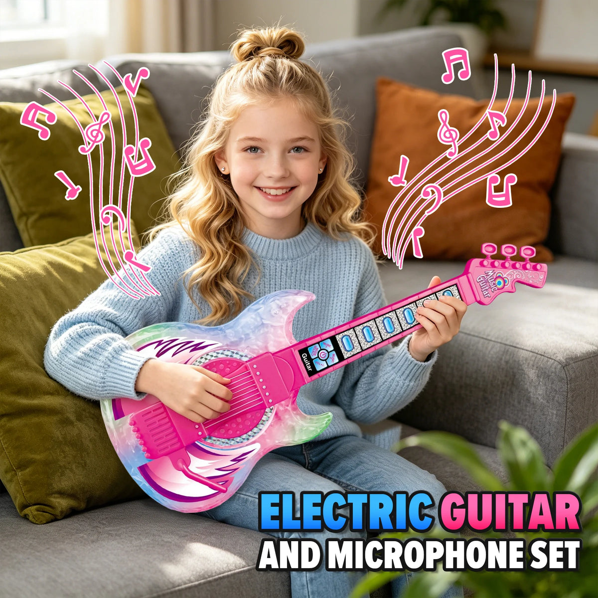 Kids Electric Guitar Toy with Microphone and Adjustable Stand