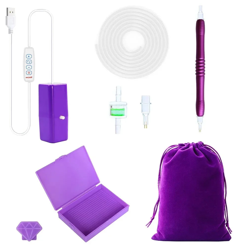 A purple electric diamond painting pen kit with a suction tool and storage pouch.